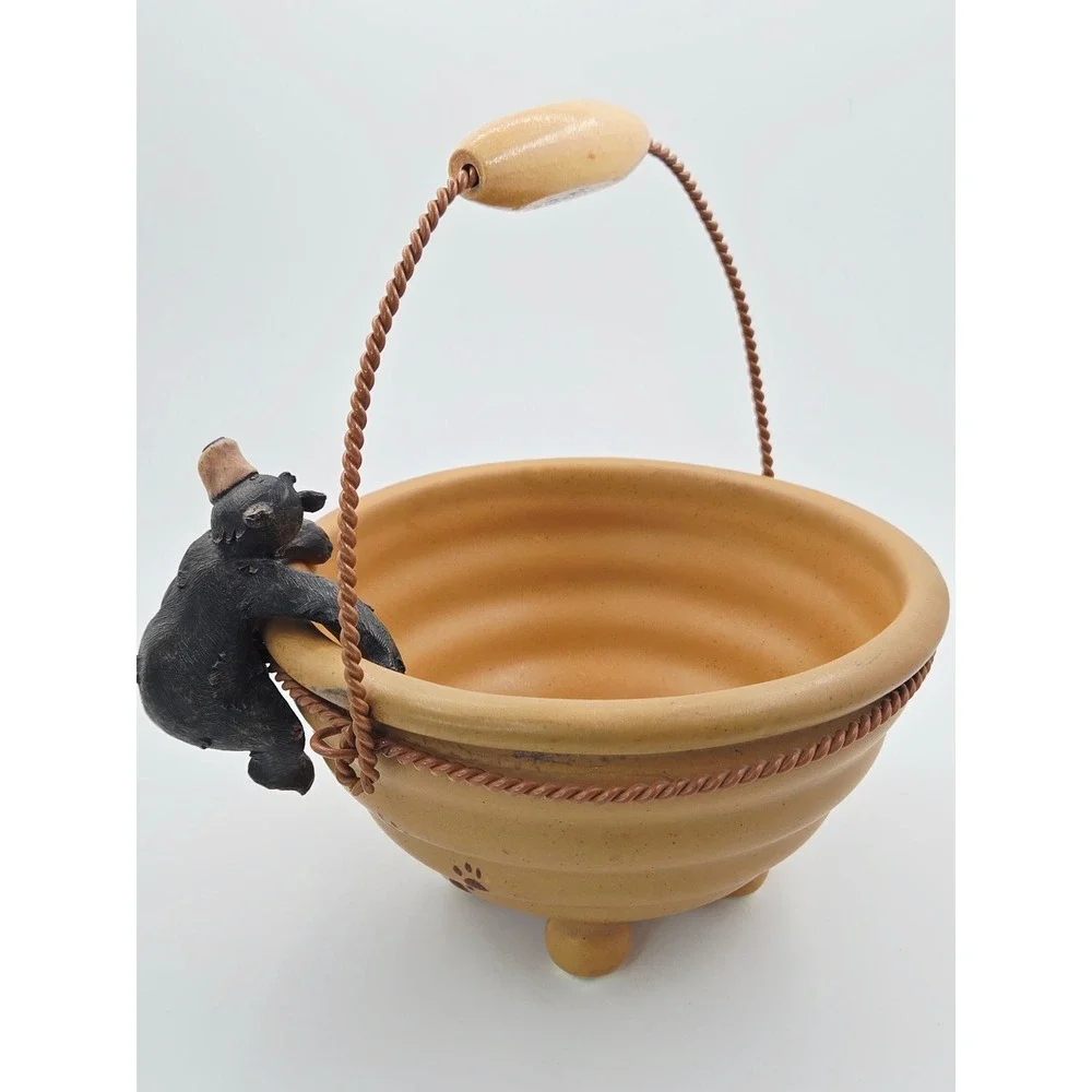 Bear Street‎ Ceramic Black Bear Cub Climbing Honey Pot Bowl with Wire Handle